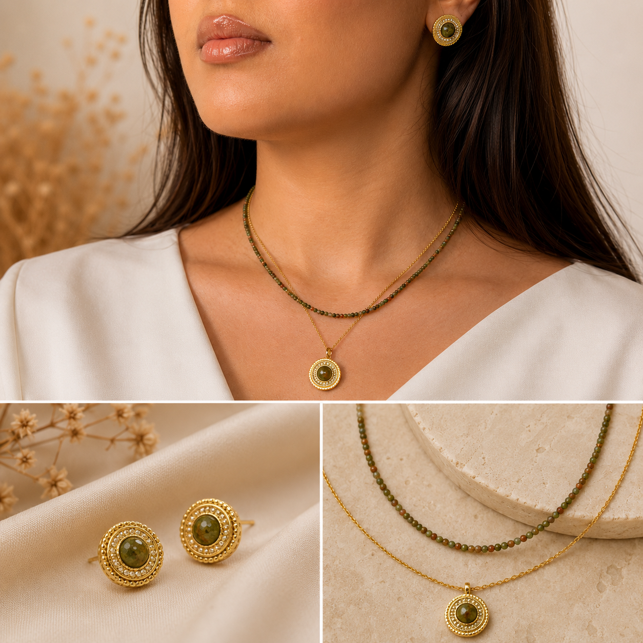 Set Collier & Boucles d’Oreilles Motif Greek Green Olive Design