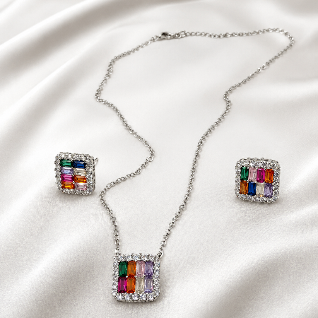 Set Collier & Boucles d’oreilles Couleur Argentée Motif Carré Multicolore en Zircone